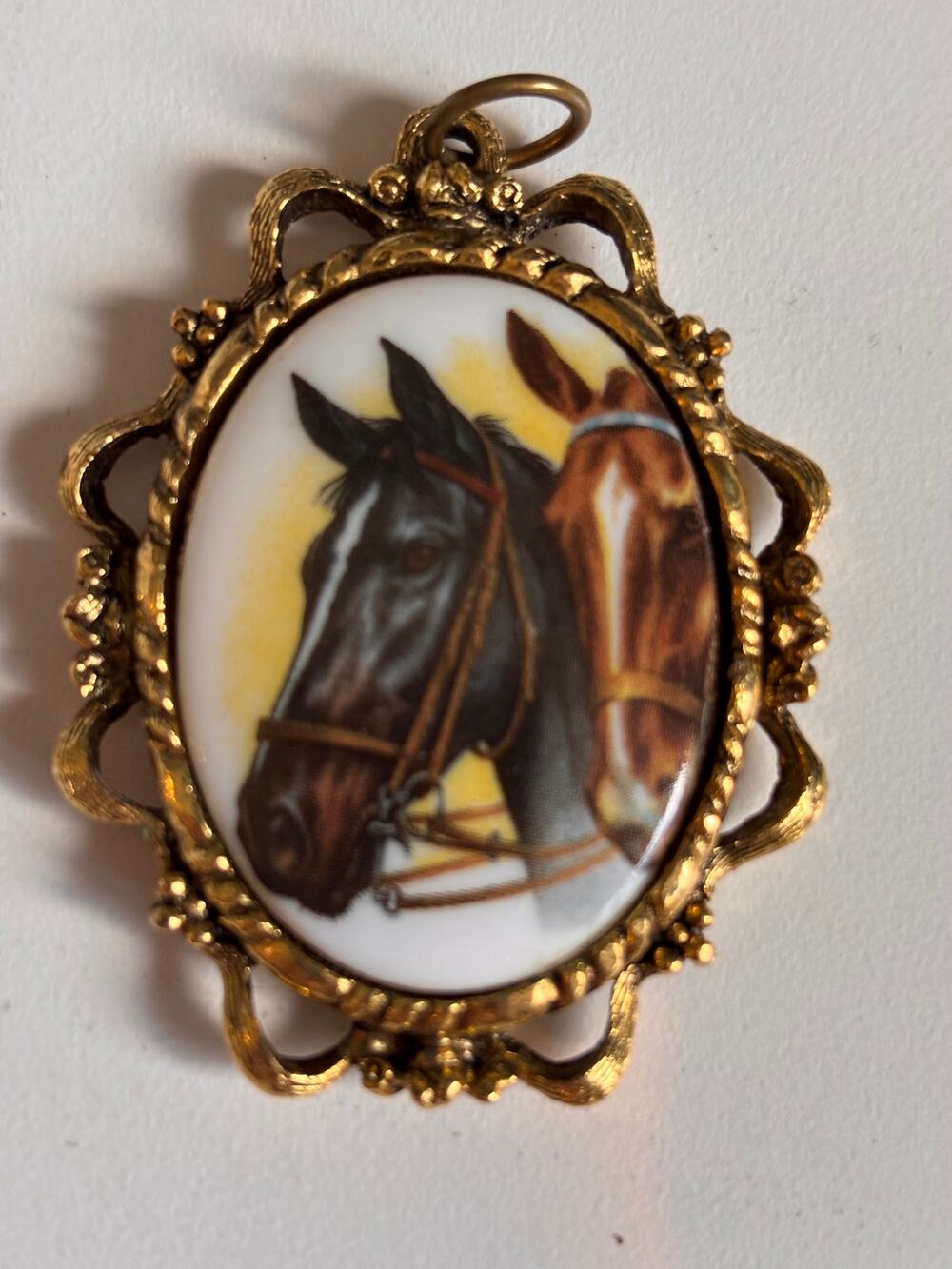 Vnt Horse porcelain pendant, two sided w/ mirror back & brass color metal frame